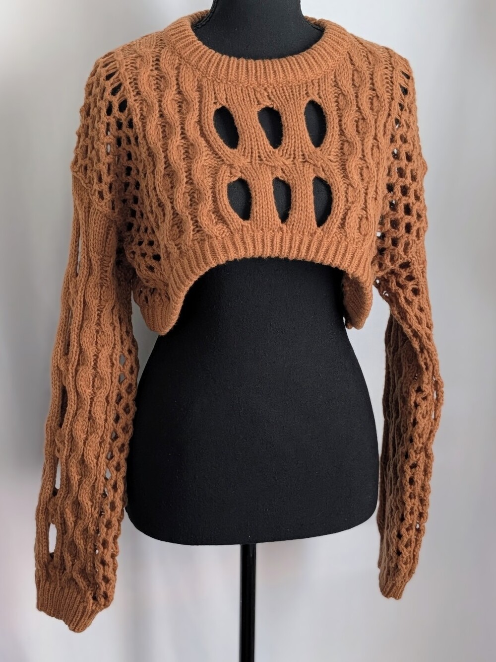CIDER Brown Open Knit Cable Cutout Cropped Sweater Bolero Size S